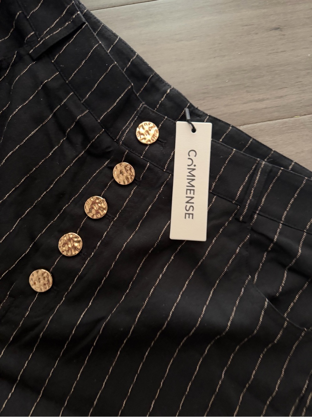 Commense Black Pinstripe High-Waist Wide-Leg Pants with Gold Buttons - Picture 2 of 3